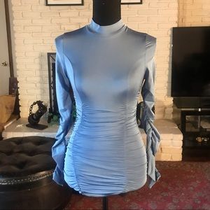 Light blue shiny mini mock neck dress.